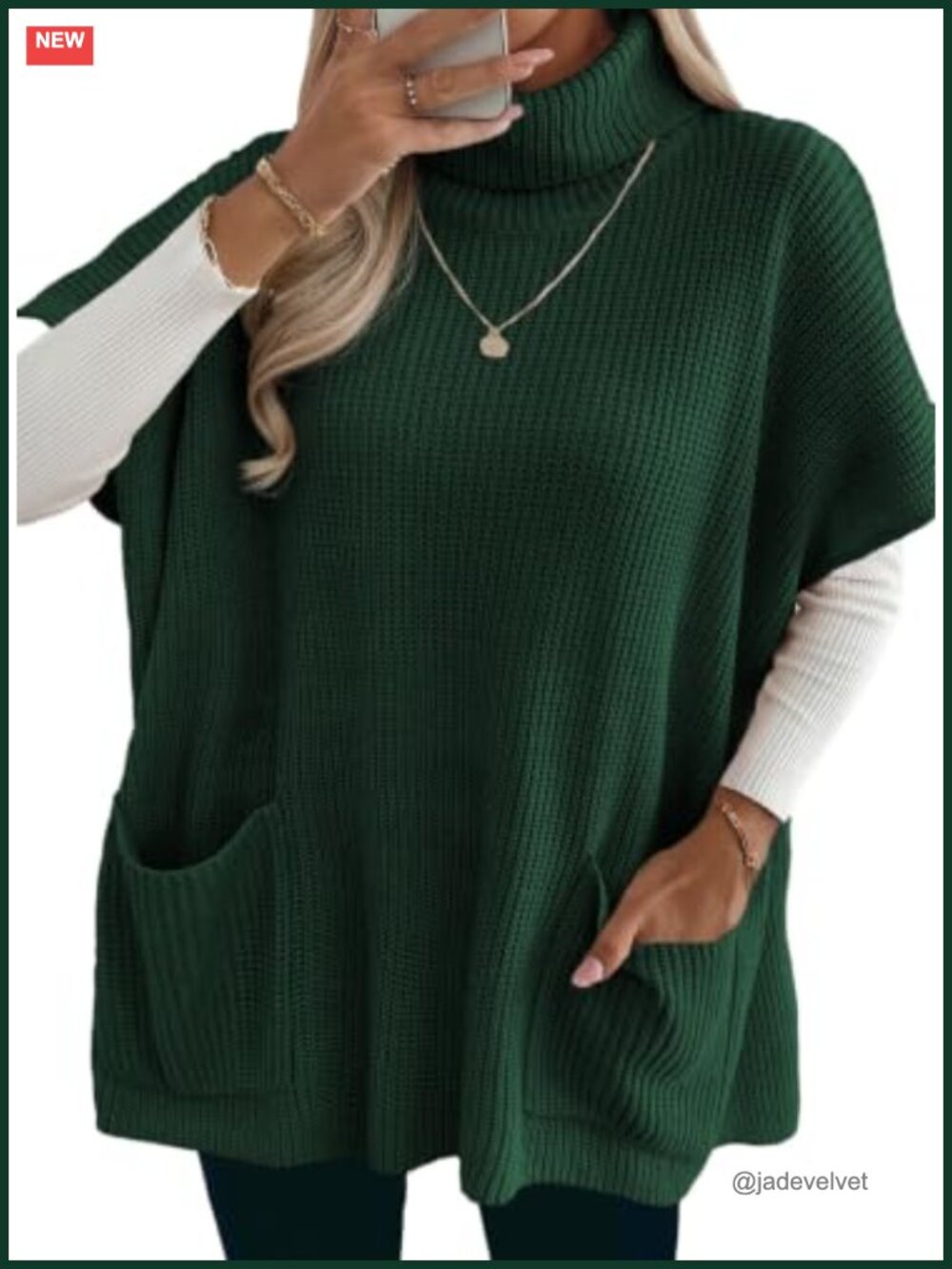 Crochet Knit Turtleneck Sweater Vest with Pockets